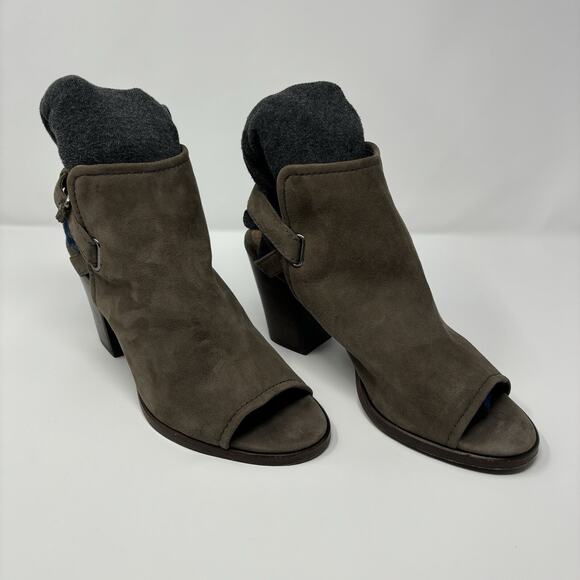 Frye Dani Shield Sling Gray Suede Peep Toe Heeled Sandal 11 Block Heel Shoe - Picture 1 of 16